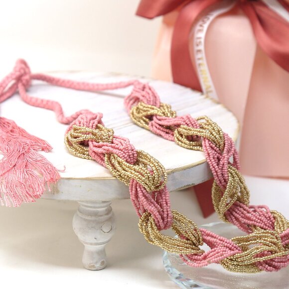 Coral & Beige ✦ Braided Beaded Necklace ✦ 19" Handcrafted Artisan Boho Jewelry - Picture 9 of 14